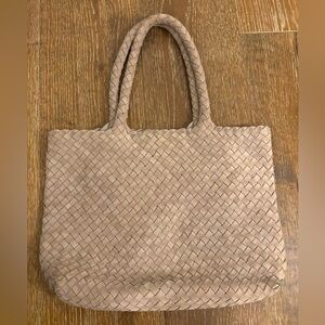 Milaner Elena Woven Handbag Tote Purse in Taupe Suede